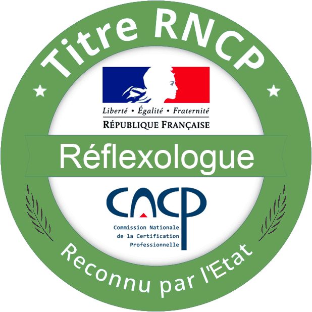 cercle barré dans un rond, verts, avec écrit en haut titre RNCP, au milieu "réflexologue" et en bas reconnu par l'Etat. logo France dans le demi cercle supérieur et "CNCP - Commission Nationale de la certification professionnelle" dans le demi cercle inférieur